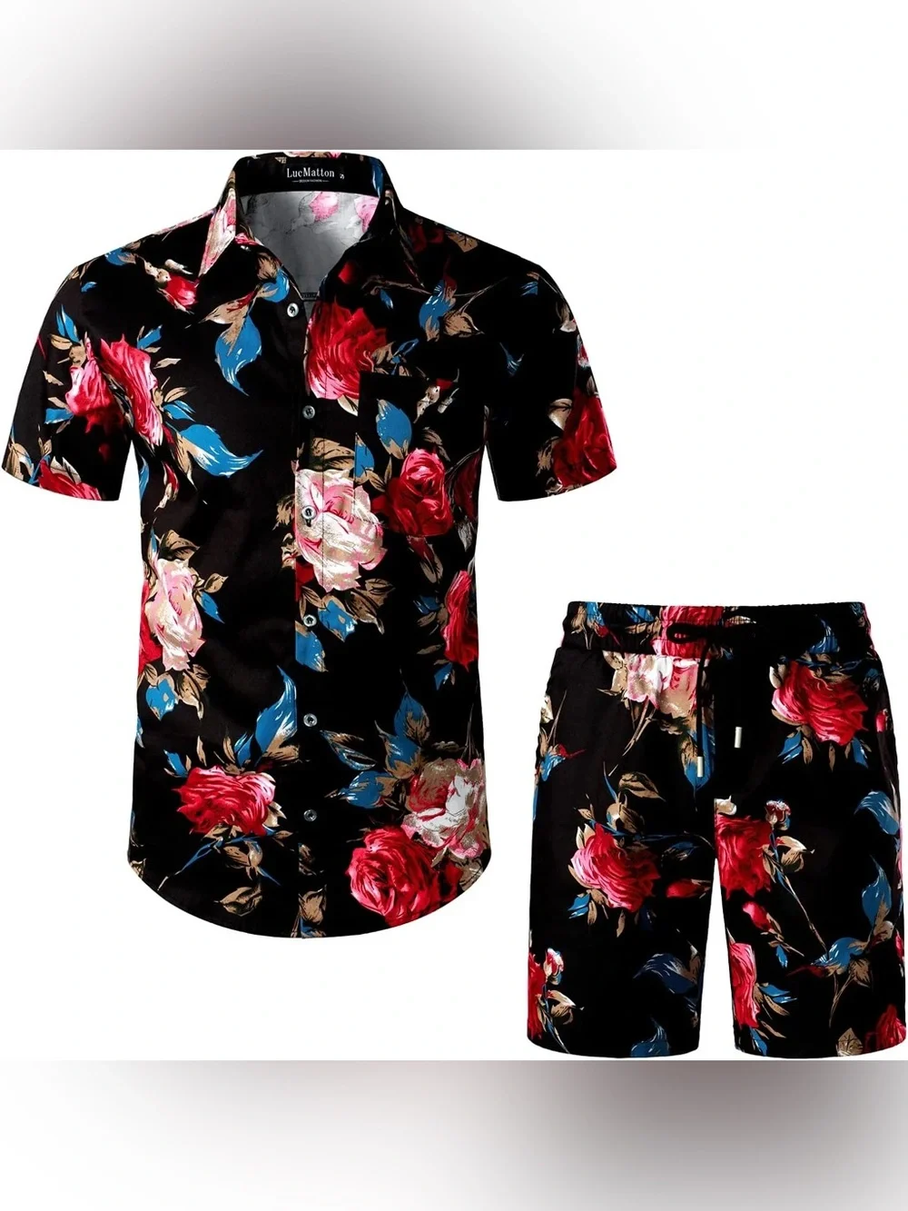 LucMatton Set Black Rose Short Sleeve Button-Down & Shorts